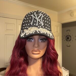 Chic Black Cap with Pearl and Crystal Embellishments